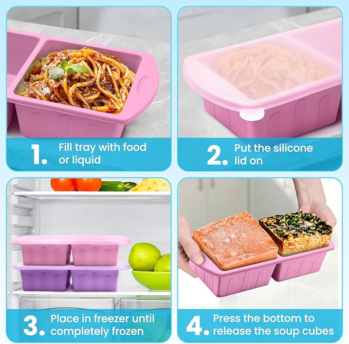 2 Pack Silicone Freezer Trays With Lid For Easy Storage Silicone Soup Freezer Molds 2 Cup ,Perfect For ice cube tray Freezing Broth Sauces Store Leftovers , Leakproof, Easy Release Dishwasher Safe