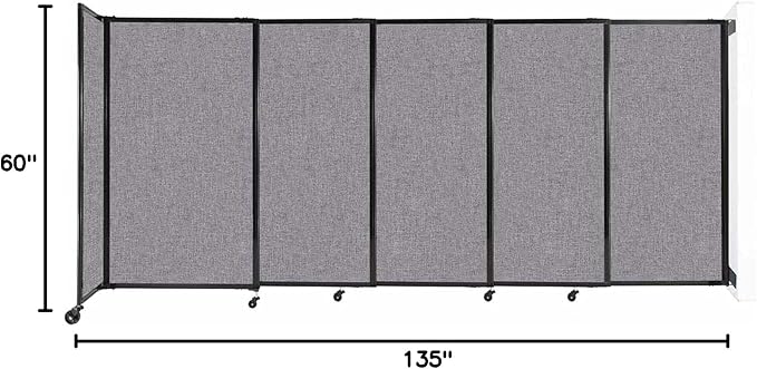 Wall-Mounted Sliding StraightWall Room Divider | Adjustable Widths | Locking Wheels | Room Separator | Up to 11'3" Wide x 5' Tall Cloud Gray Fabric Panels