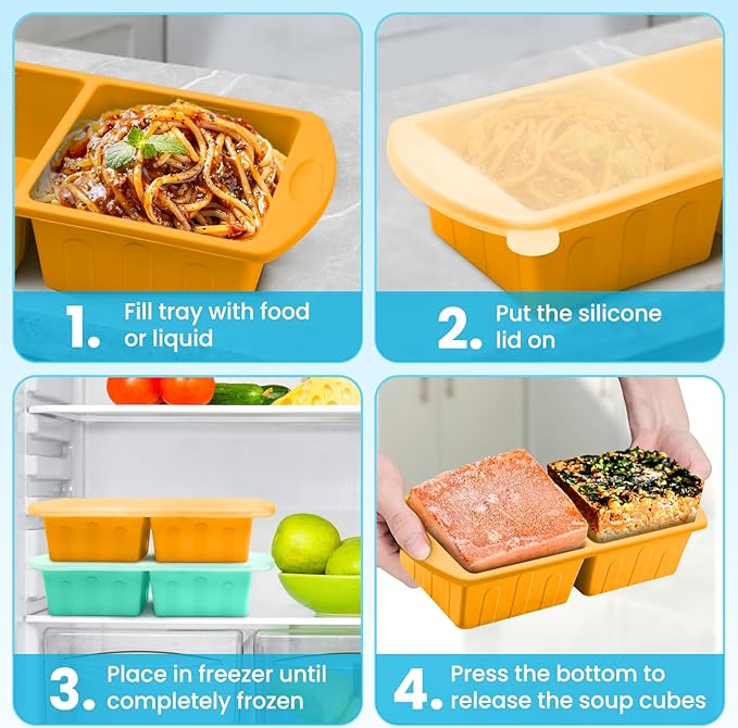 2 Pack Silicone Freezer Trays With Lid For Easy Storage Silicone Soup Freezer Molds 2 Cup ,Perfect For ice cube tray Freezing Broth Sauces Store Leftovers , Leakproof, Easy Release Dishwasher Safe