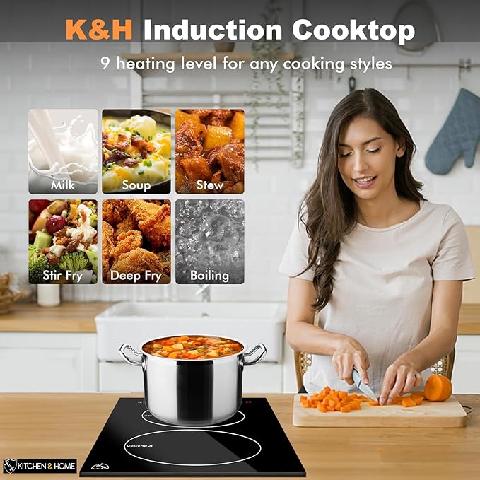 K&H Dual Induction Cooktop - 12 Inch Portable Electric Stove Top with 9 Heating Levels - 220V, 3100W Built-in Ceramic Glass Portable Induction Cooktop - Touch Control, Timer & Child Lock, INDV-3102