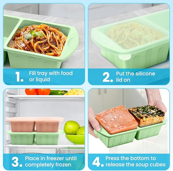 2 Pack Silicone Freezer Trays With Lid For Easy Storage Silicone Soup Freezer Molds 2 Cup ,Perfect For ice cube tray Freezing Broth Sauces Store Leftovers , Leakproof, Easy Release Dishwasher Safe