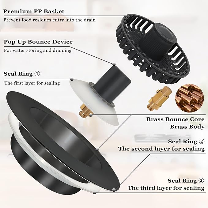 3 in 1 Kitchen Sink Stopper, Pop Up Kitchen Sink Drain Strainer, with an Extra Basket Strainer, Kitchen Sink Drain Stopper for US Standard 3-1/2 Inch, Brass Material Electroplate Black