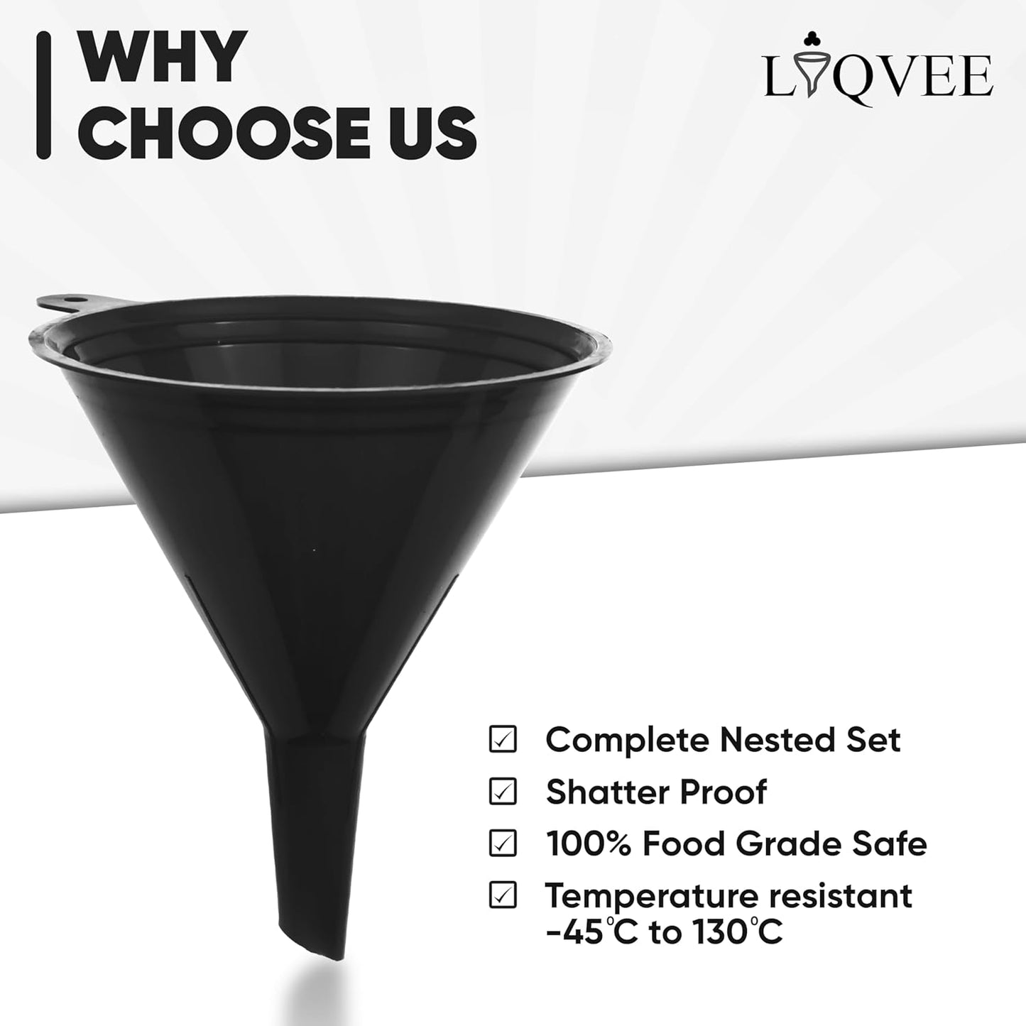 Funnels for Kitchen Use – Black Set in 4 Sizes (122, 101, 76 & 50mm) | Durable, Non-Toxic Food Grade Plastic – Ideal for Filling Bottles, Jars & Containers | Perfect for Kitchen, Garage & Labs