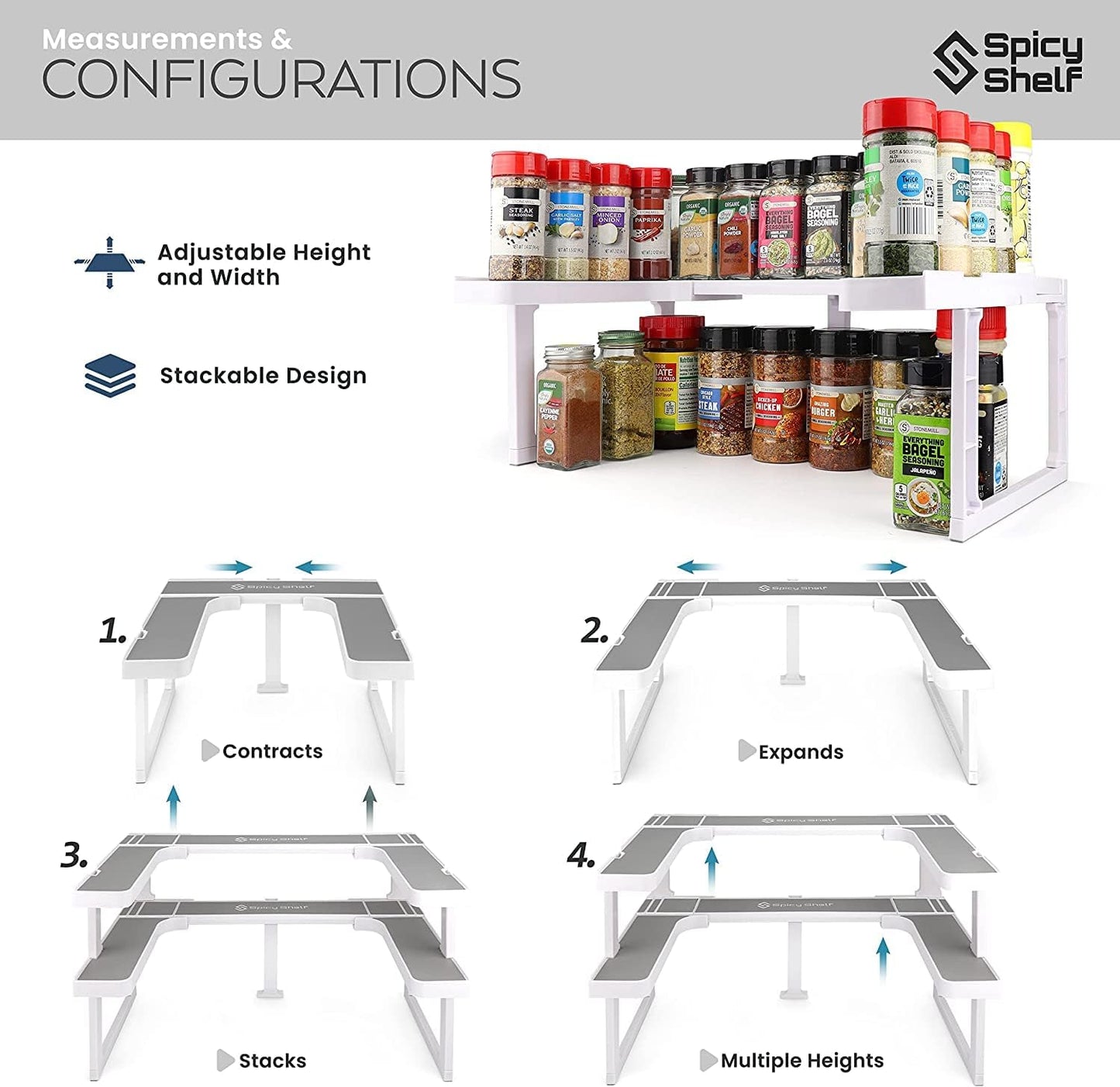 Spicy Shelf Premium – Expandable 2-Tier Spice Rack Organizer for Cabinets & Pantry – Adjustable Stackable Kitchen Seasoning Organizer – Strong Non-Slip Cabinet Organizer for Spices, Bottles & More