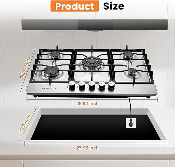 30 Inch Gas Cooktop,Built-in 5 Burners 304 Stainless Steel Gas Stovetop,NG/LPG Convertible Cooktops,Flame Failure Protection & Efficient Cooking