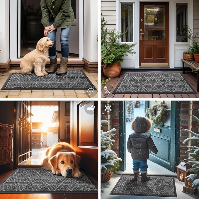 Smiry Front Door Mat Outside Entrance, Heavy Duty Sturdy Natural Rubber Doormat, Trap Dirt and Moisture, Easy Clean Low Profile Mats for Indoor Outdoor Entry, Grid Geometric (47x32, Silver Grey)