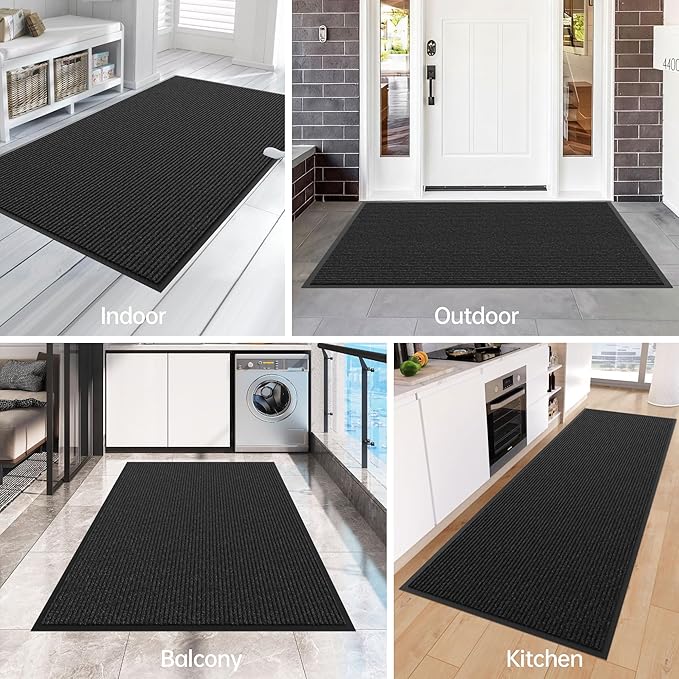 Front Door Mat, 5' x 3' Heavy Duty Indoor Outdoor Door Mat Entrance, Commercial Welcome Mats, Stain and Fade Resistant, Durable Rubber Backing, Low Profile Entry Mat for Patio, Black Stripe