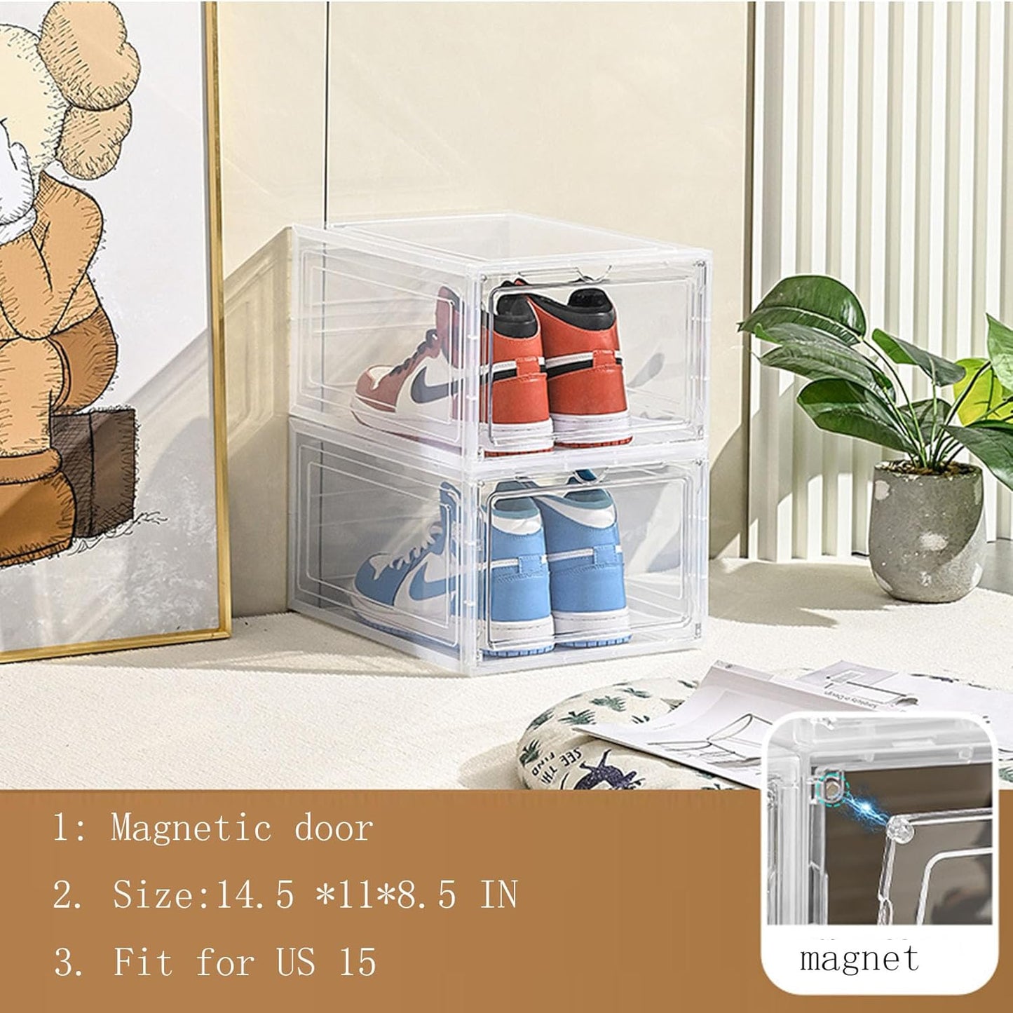XXL Drop Front Shoe Storage Box Stackable, 6 Pack Shoe Display Case Fit US 15,Sneaker Storage Shoe Containers with Magnetic Door(6 PACK CLEAR)