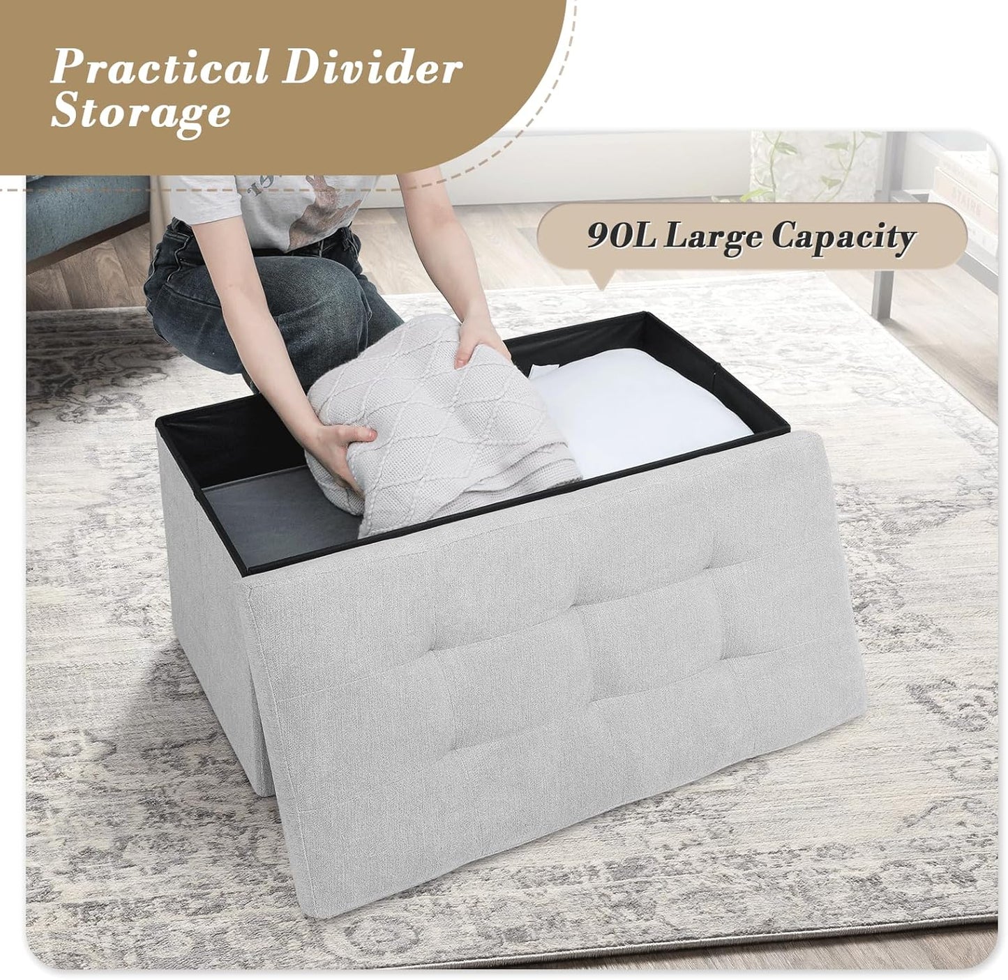Athena Collection 30" Storage Ottoman Bench Folding Bench with 90L Hidden Storage, Large End of Bed Bench Linen Foot Rest Stool Chest with Flipping Lid for Living Room, Bedroom, Entryway, Light Gray