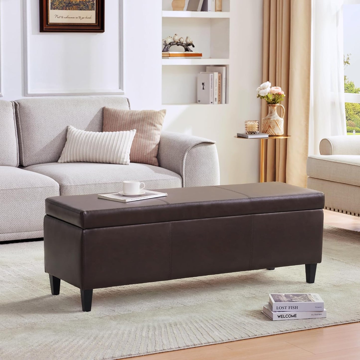 HUIMO Faux Leather Storage Ottoman Bench 50.3 Inch Extra Long PU Upholstered Bedroom Bench with Large Storage Space for The Living Room, Entryway, Bedroom Hold Up to 300lbs (Brown)