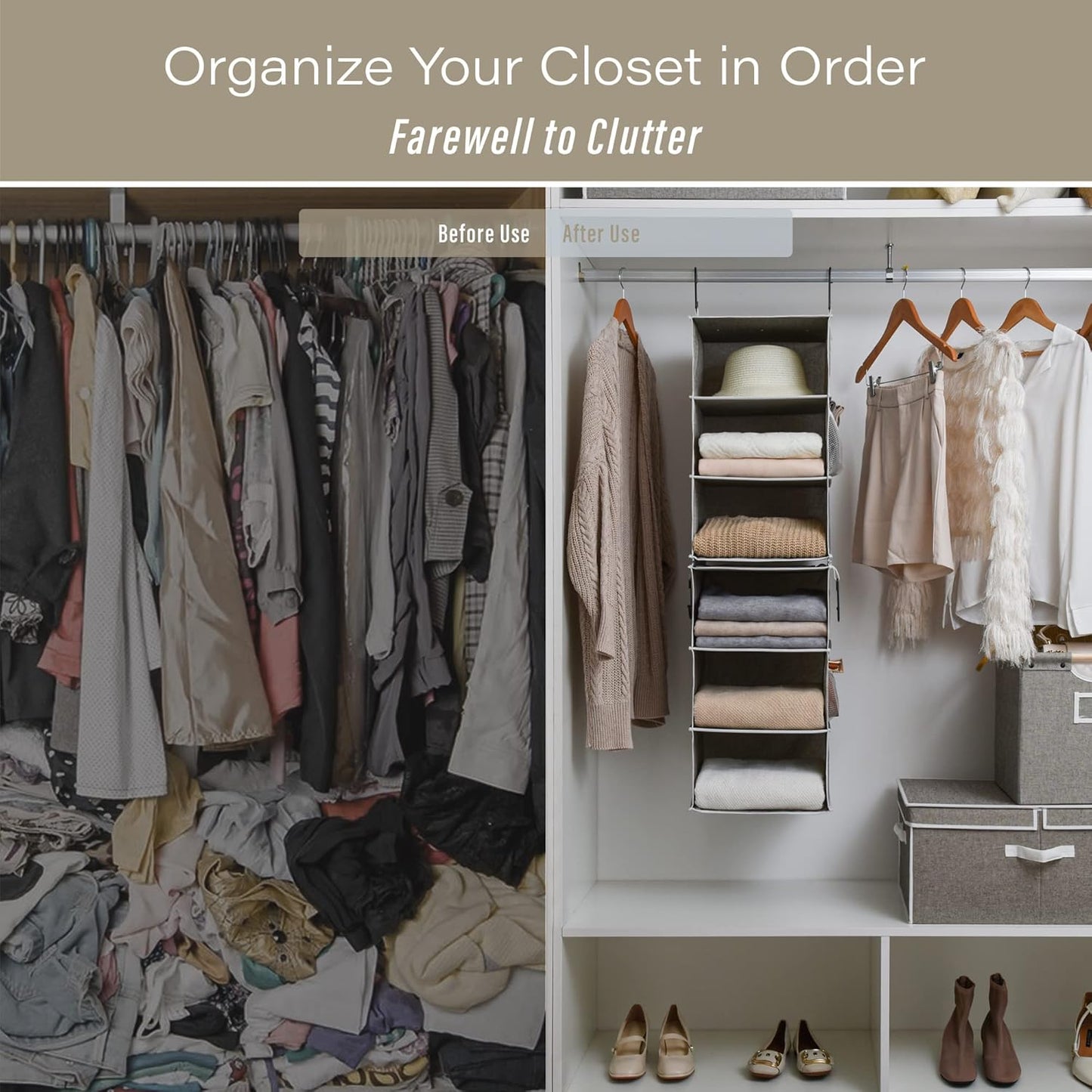 StorageWorks 6-Shelf Closet Organizers, Two 3-Shelf Separable Hanging Shelves for Closet, 12" D x 12" W x 48 ¼"H, Canvas, Gray