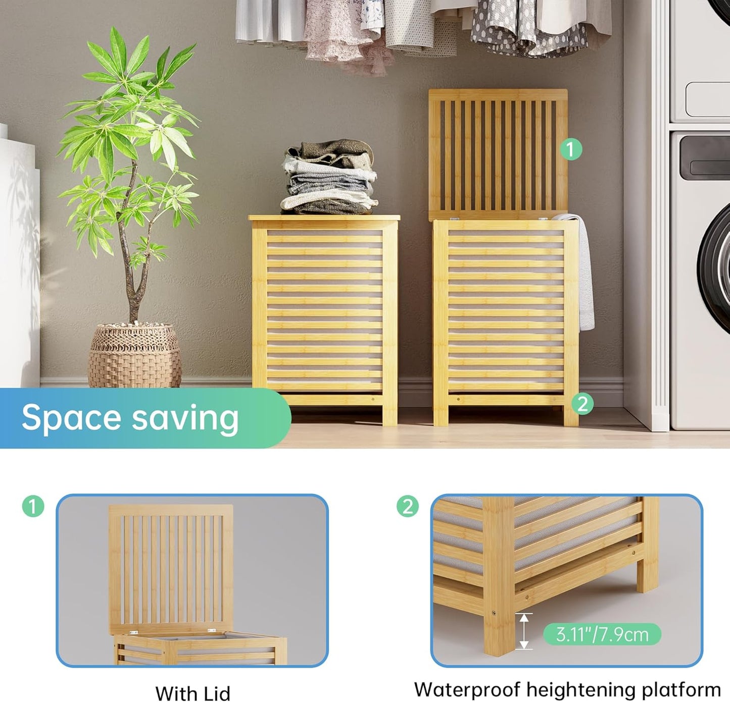 SMIBUY Double Laundry Hamper with Lid, 120L Bamboo Laundry Basket with Removable Liner Bag, 2-Section Clothes Divider Laundry Sorter for Laundry Room, Bathroom, Bedroom (Natural)