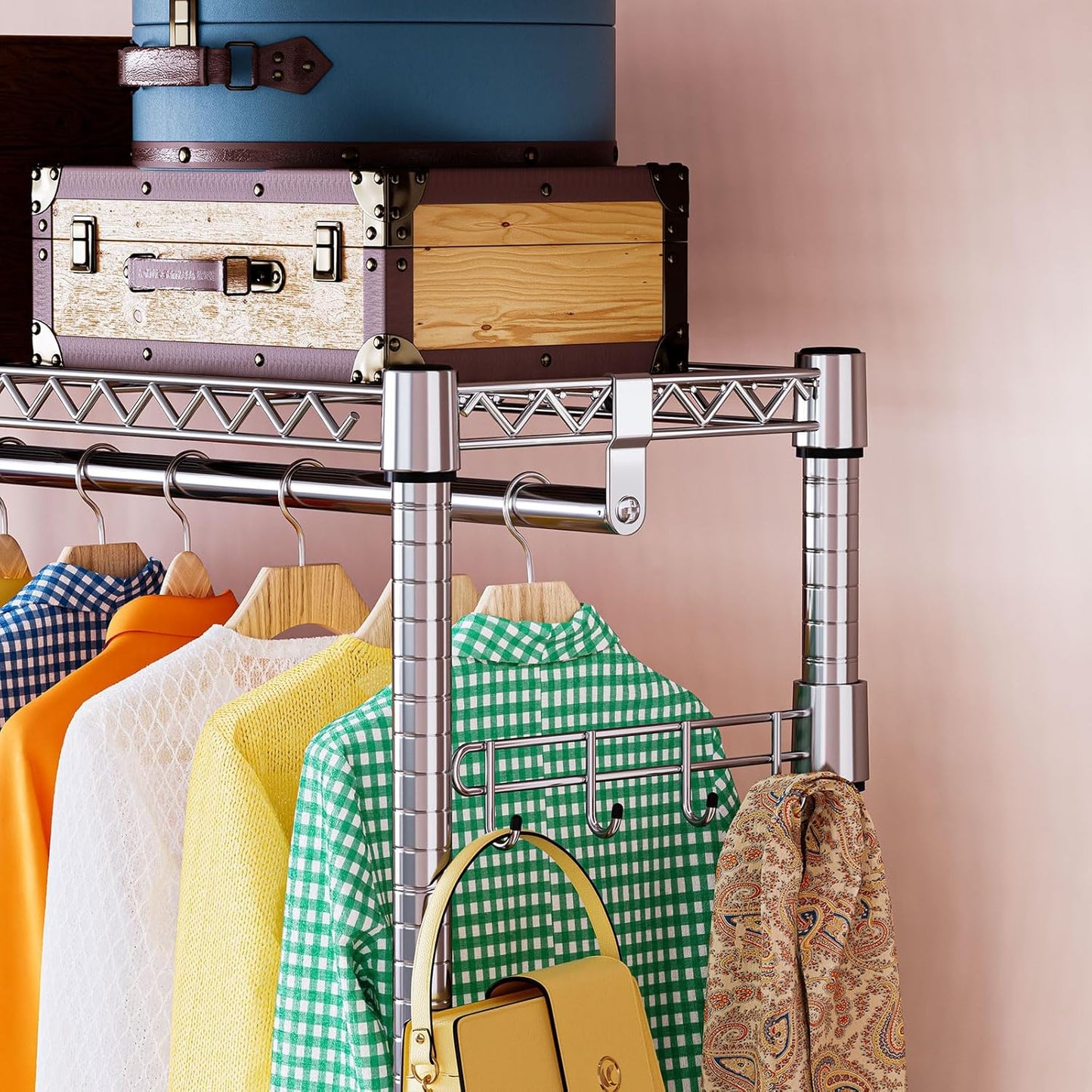 IZEUK 3 Tier Heavy Duty Rolling Garment Rack Wire Clothes Rack for Hanging Clothes, Metal Freestanding Closet Wardrobe Rack with 1 Rods and Wheels Chrome 15.7" D x 45.3" W x 75.6" H
