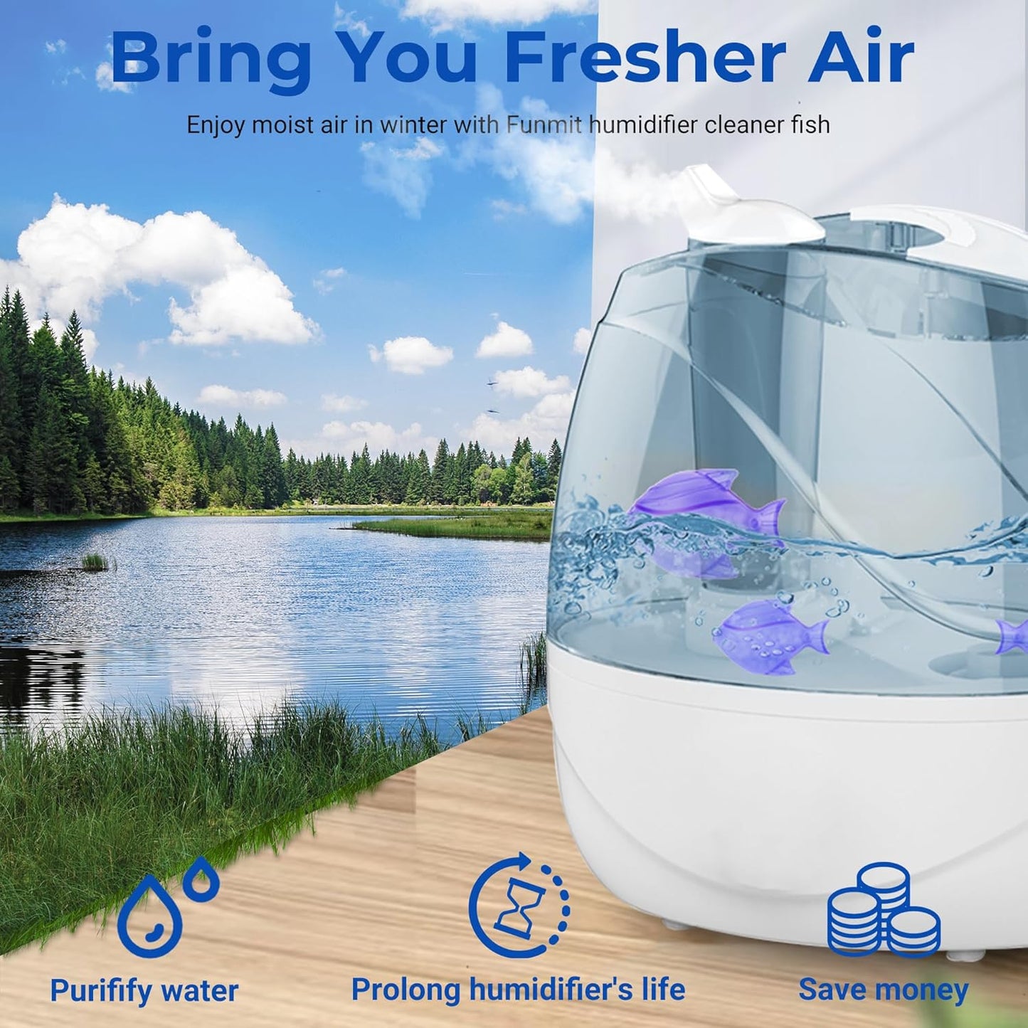 Funmit 6 Pack Universal Humidifier Cleaner Fish Compatible with Almost All Humidifiers and Fish Tanks, Purifies Water, Prevents Hard Water Build-Up, Reduces Scale, Purple
