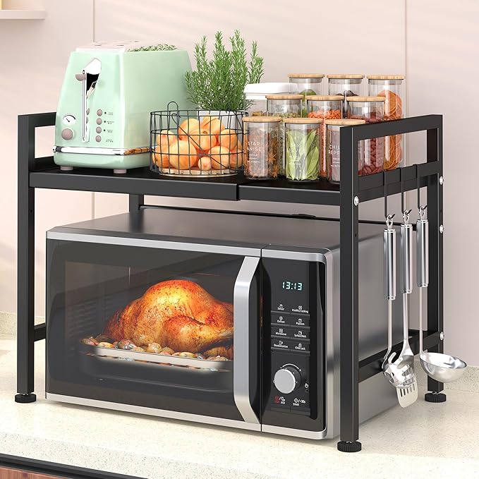 PUSDON Extendable Microwave Oven Rack, Adjustable Microwave/Toaster Shelf Heavy Duty Stand Kitchen Counter Top Organizer, 2 Tier with 3 Hooks, 160lbs Weight Capacity, Black