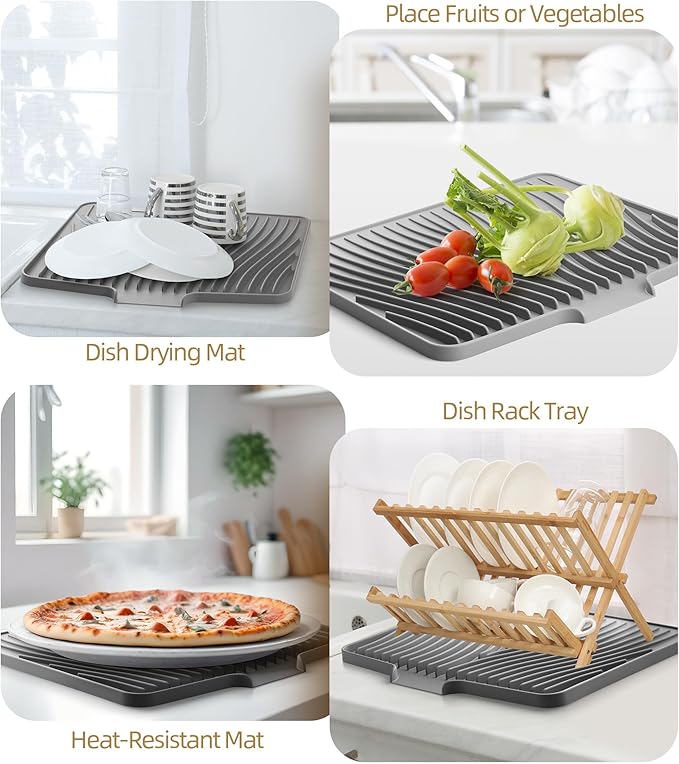 Fuyit Silicone Dish Drying Mat with Raised Drain Lip, Inclined Design, 16" x 13" Heat Resistant Non-Slip Mat for Kitchen Counter or Sink (Gray)