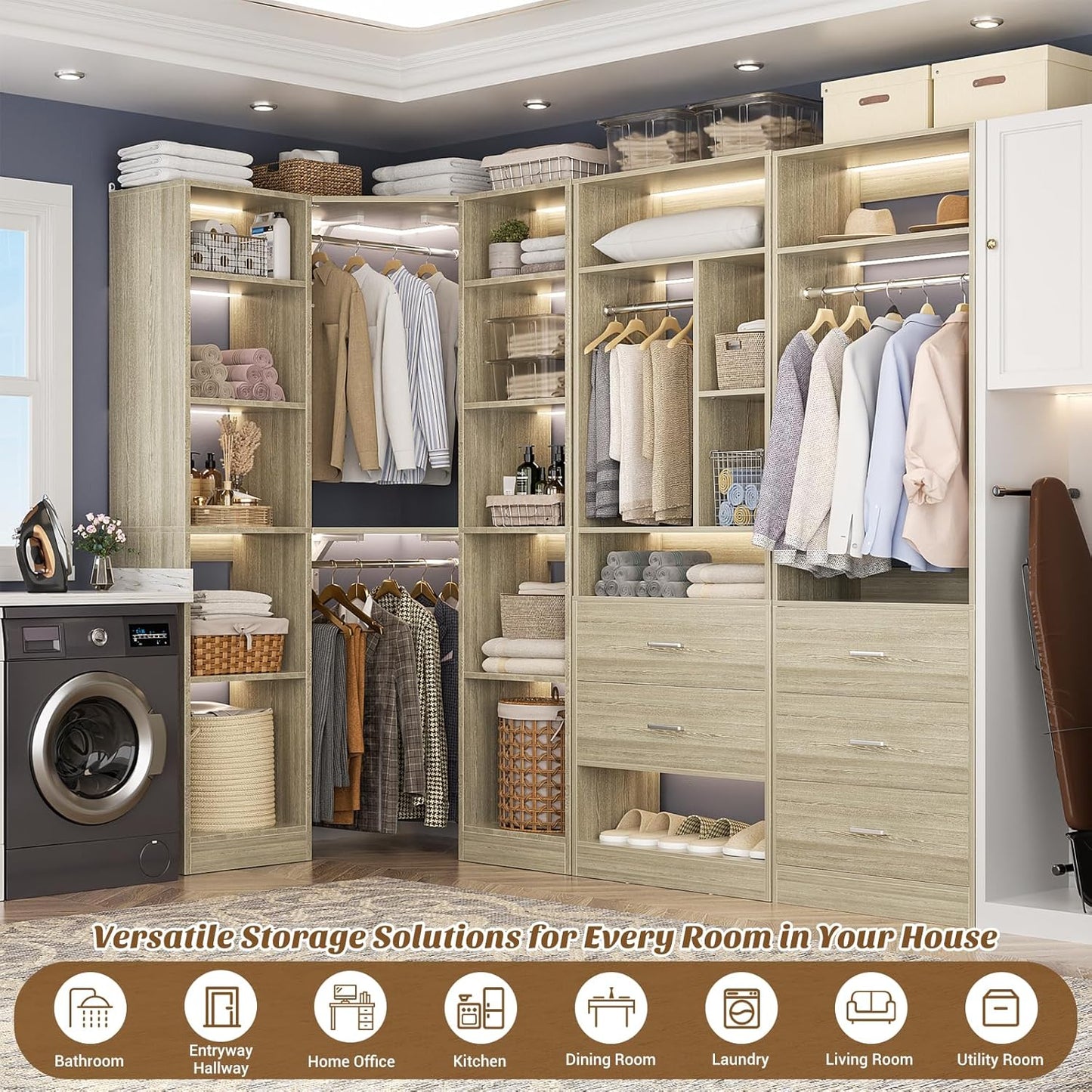 Corner Closet System with 5 Drawers, Closet Organizer System with 15+Shelvess & 4 Hanging Rods, 63.2"L * 63.2"W / 87.2"L * 39.2"W Reversible L Shaped Walk-in Closets, Load 2500+LBS, White Oak