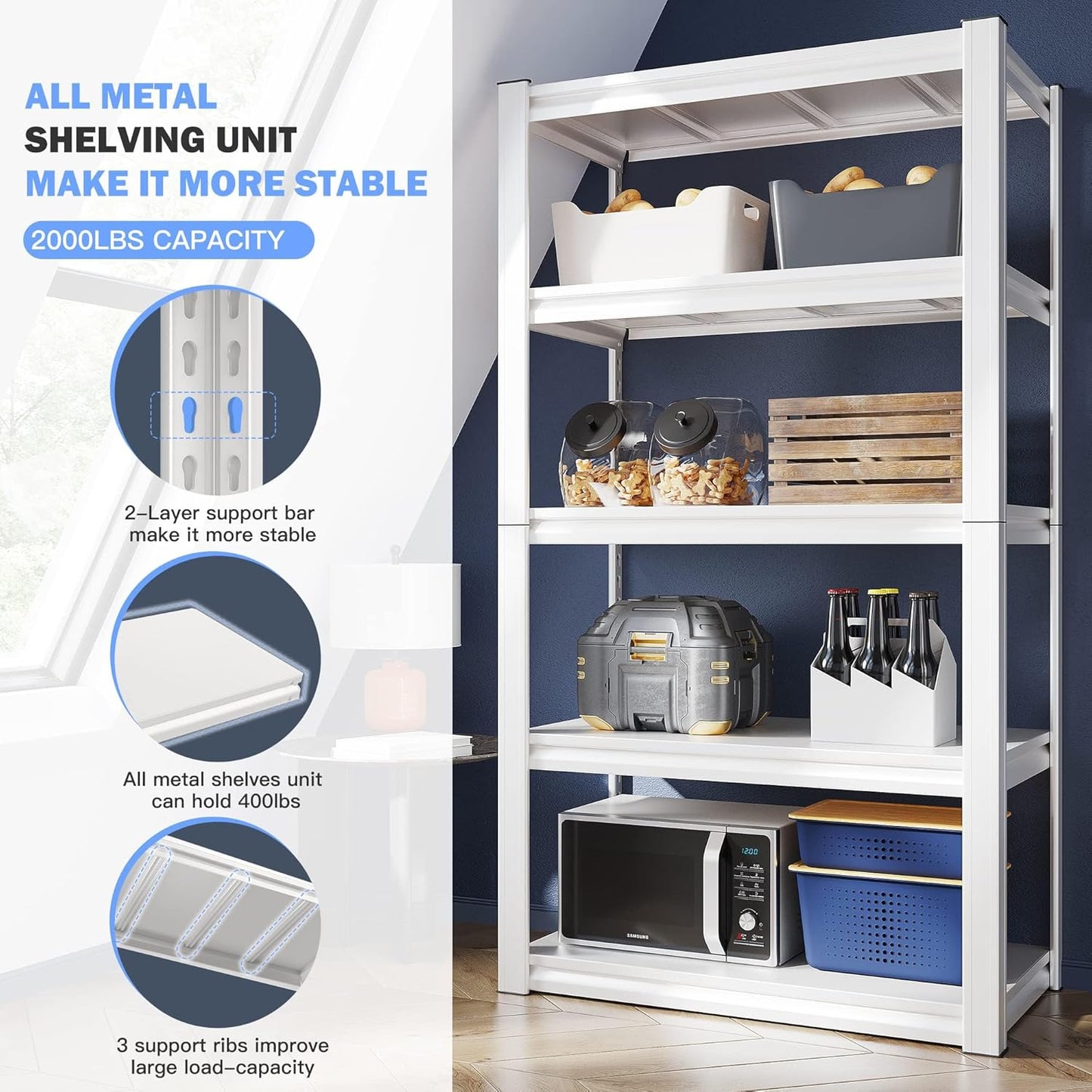 Raybee Garage Shelving Heavy Duty 2000LBS Storage Shelves Heavy Duty Shelving 5 Tier White Metal Shelves Pantry Shelf for Kitchen Closet Basement Warehouse 16.5" D x 32" W x 63" H