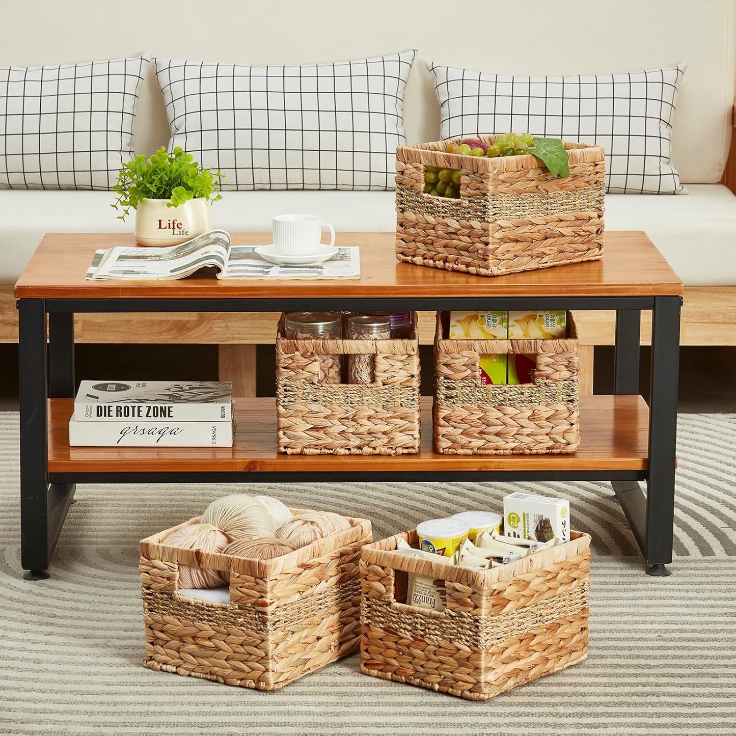 Water Hyacinth Wicker Basket, Decorative Woven Baskets with Built-in Handles, Hand-woven Storage Organizer for Organizing Pantry, Livingroom, Bedroom, Shelves, Toilet(2-PACK, Blended)