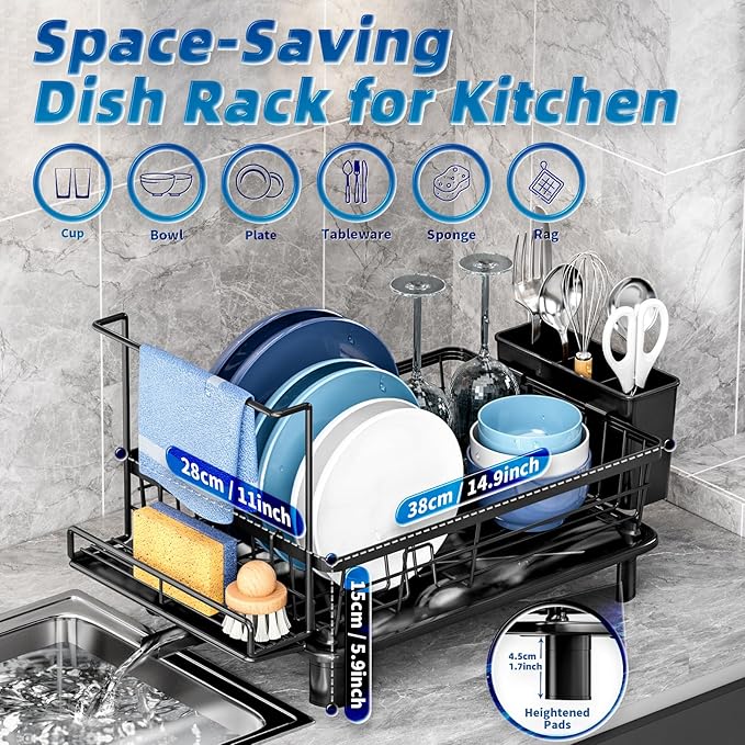Dish Drying Rack, Compact Dish Racks for Kitchen Counter with Sponge Rack, Space-Saving Dish Drainer Drying Rack with Drainboard, Utensil Holder and and Automatic Drainage Drainboard, Black