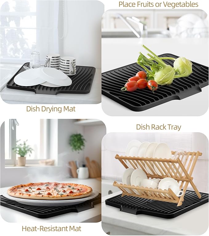 Fuyit Silicone Dish Drying Mat with Raised Drain Lip, Inclined Design, 16" x 13" Heat Resistant Non-Slip Mat for Kitchen Counter or Sink (Black)