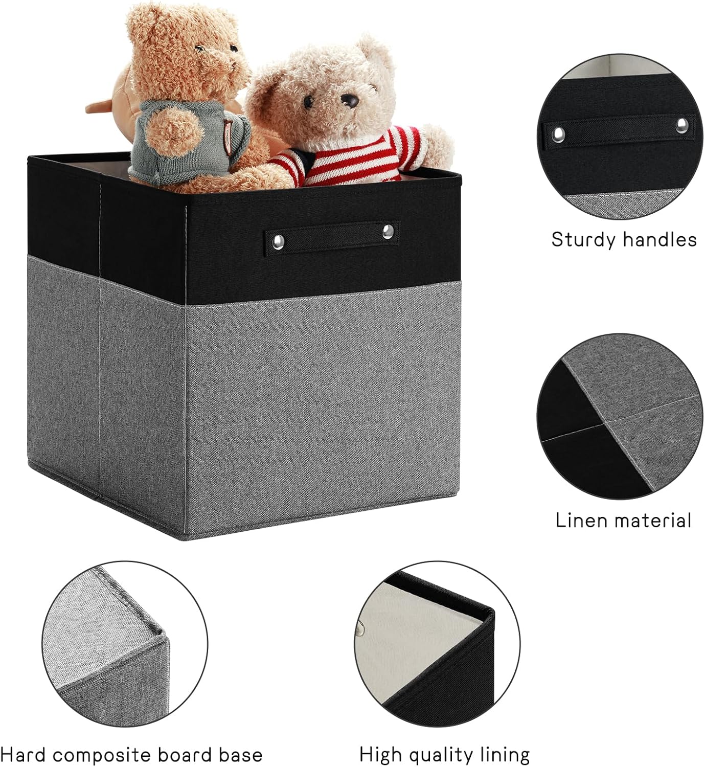 13 x 13 Inch Fine Linen Storage Bins with Handles,Fabric Cube Boxs,Collapsible Basket Organizers for Shelves for Home, Closet Drawers (Black/Gray-6 Pack)