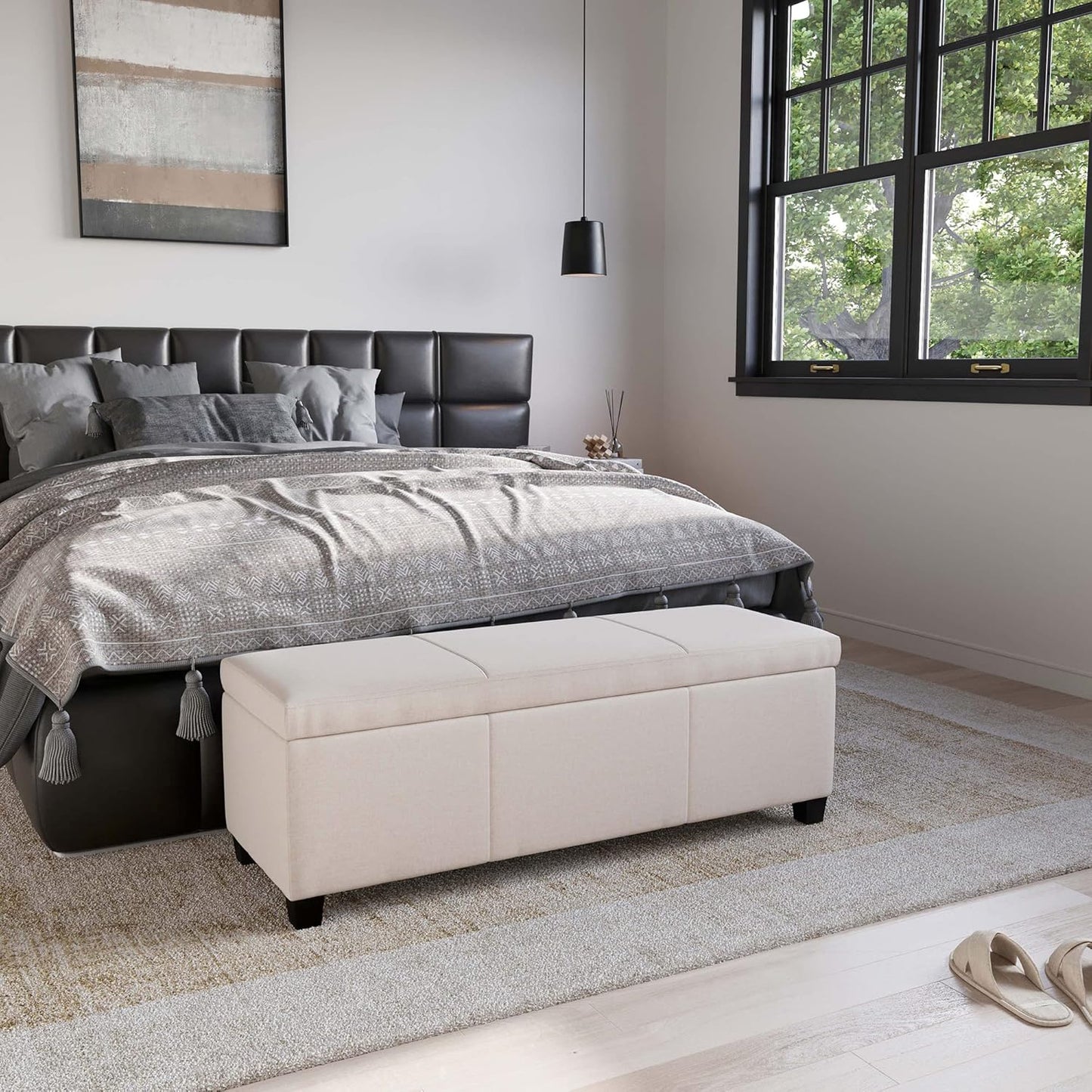 BELLEZE Storage Faux Leather Ottoman, 47 Inch Bench Bedroom Bench with Safety Close Hinge, Extra Long Ottoman with Storage for Living Room, Entryway, Hallway, Foot Rest, Support 300lbs - Beige
