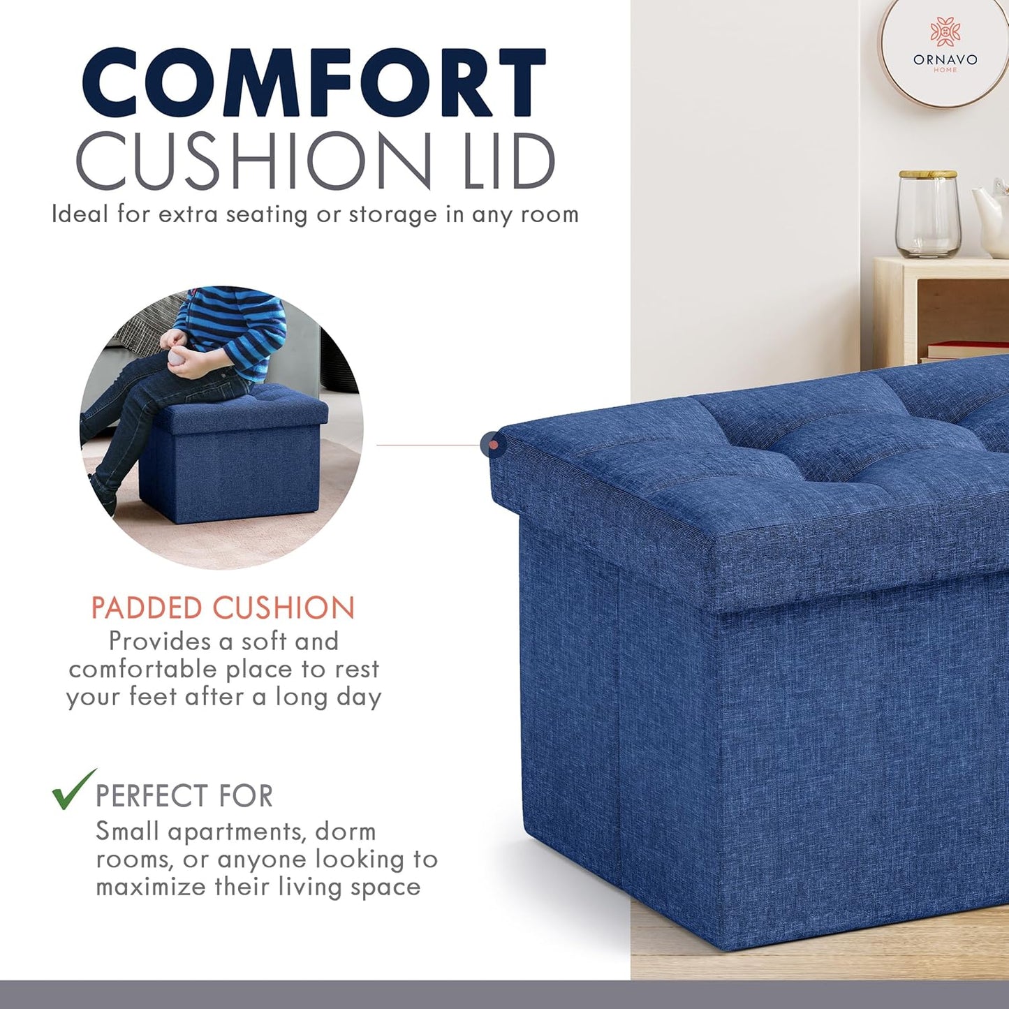 Ornavo Home Small Storage Ottoman, Set of 2, Foldable Collapsible Rectangle Linen Ottoman Foot Rest Stool Seat, for Living Room, Bedroom, Home Office, Dorm - 12 x 16 x 12, Navy Blue
