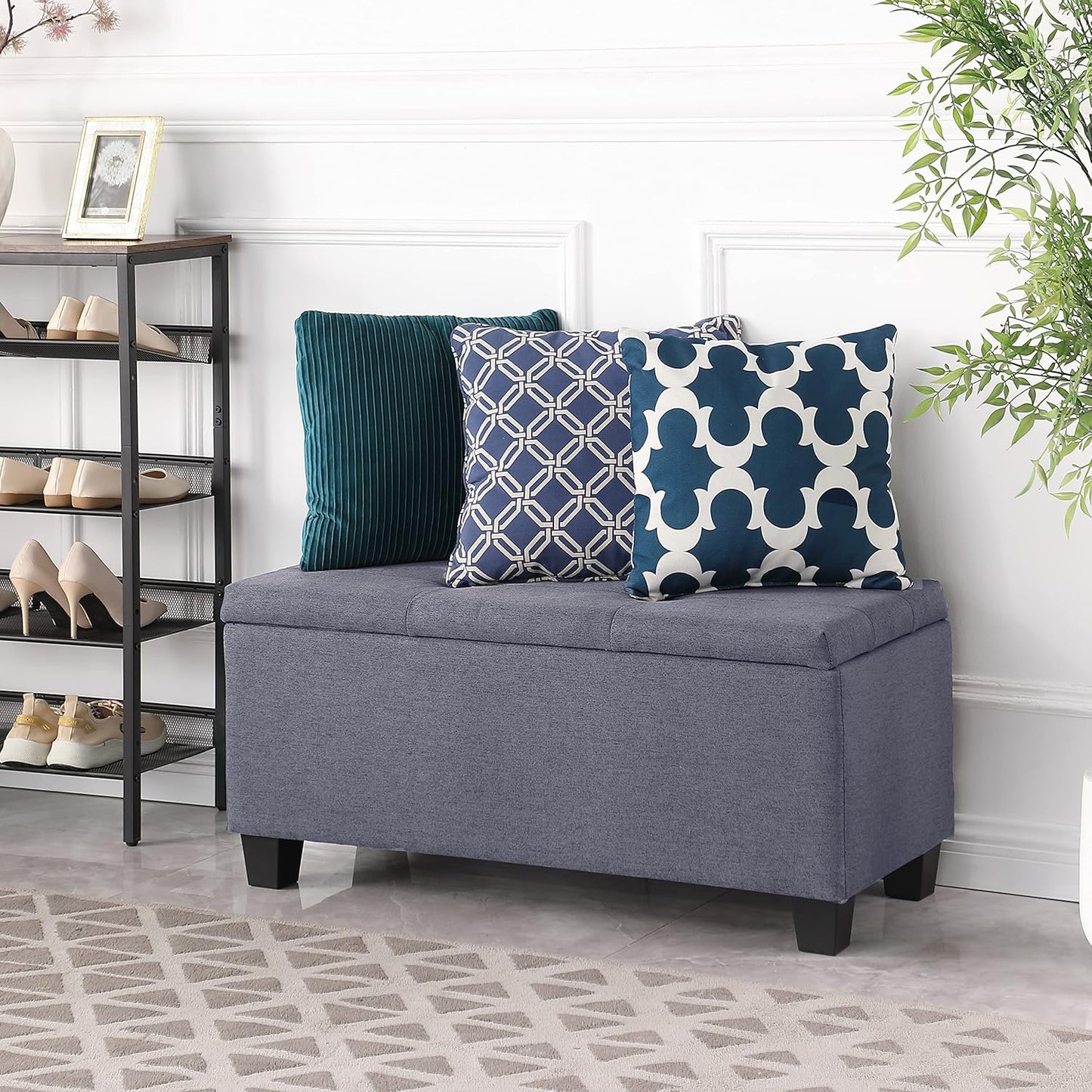 Hinged Storage Ottoman Set of 3, 38'' Living Room Storage Bench with Thick Seating, 2pcs Small Square Dorm Stool Couch Side Foot Rest