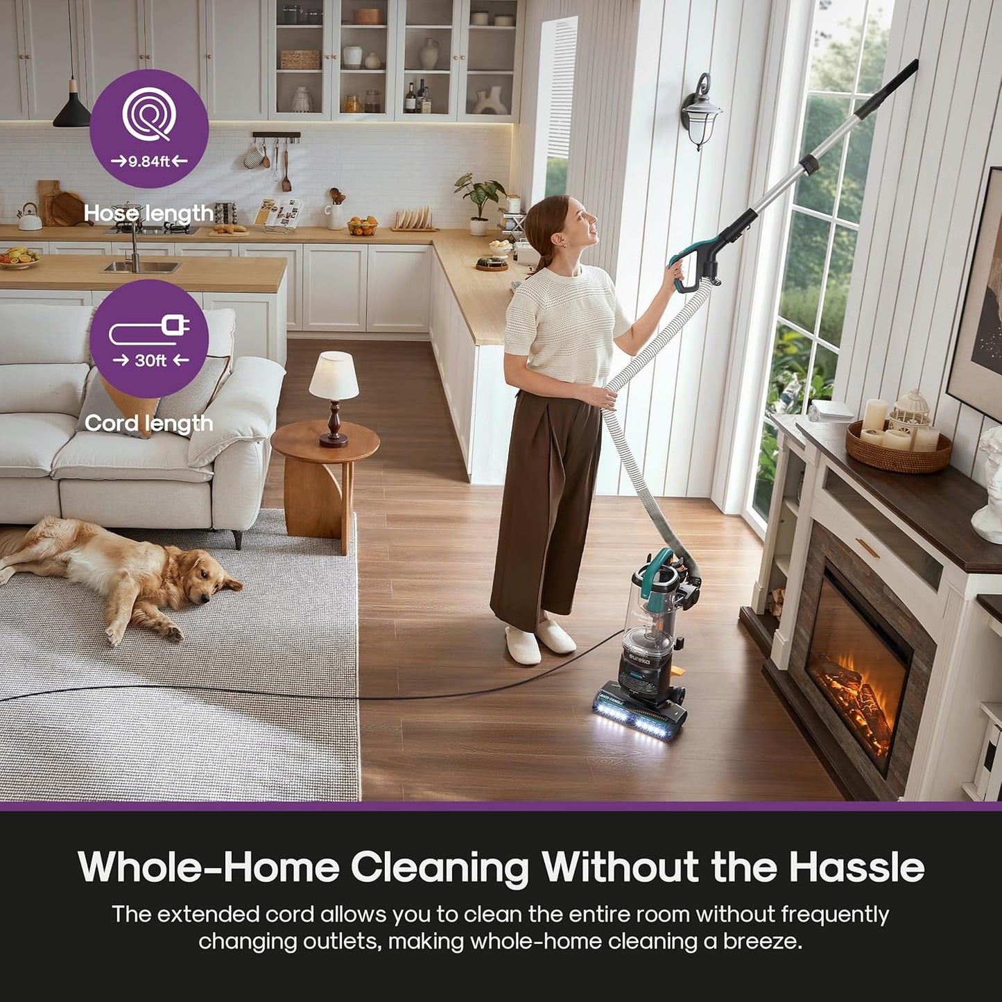 Eureka FlexReach Plus Bagless Upright Vacuum Cleaner for Home,Pet Vacuum for Carpet and Hard Floor, Lift-Up Vacuum with Flooring Type Sensor, HEPA Filter,Anti-Tangle, NEU652, Green
