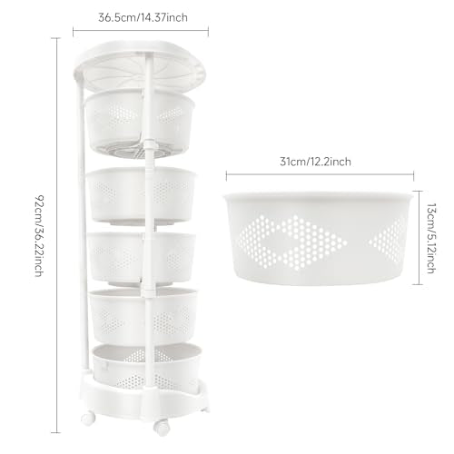 5-Tier Rotating Storage Rack, Round Kitchen Organizer Cart with Wheels for Fruit Vegetable, Multi-Layer Shelf for Bathroom Laundry Room, White