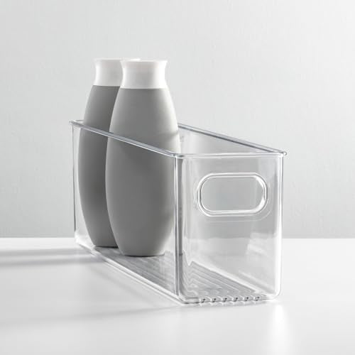 mDesign Plastic Bathroom Storage Container Bins w/ Handles - Closet, Cabinet, Vanity, Cupboard Shelf Organization, Hair Tools Accessory Organizer - Ligne Collection; Clear, 15.4x3.75x4.75 (Pack of 4) - size: 15.4 x 3.75 x 4.75 (Pack of 4)