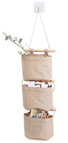 1 Pack Mini Cotton Linen Fabric Closet Detachable Foldable Washable Hanging Storage Bag with 3 Pockets Over the Wall Door Organizer for Room Bathroom by AARainbow (Khaki) - color: Khaki