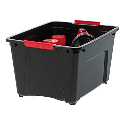 IRIS USA 32 Qt Stackable Plastic Storage Bins with Lids, 6 Pack - BPA-Free, Made in USA - Garage Organizing Solution, Latches, Durable Nestable Containers, Secure Pull Handle - Black - size: 32 Qt, style: 6 Pack
