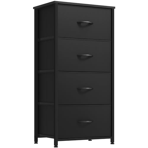 YITAHOME Storage Tower with 4 Drawers - Fabric Dresser, Organizer Unit for Bedroom, Living Room, Closets - Sturdy Steel Frame, Easy Pull Fabric Bins & Wooden Top - color: Cool Black, style: 4-Drawer