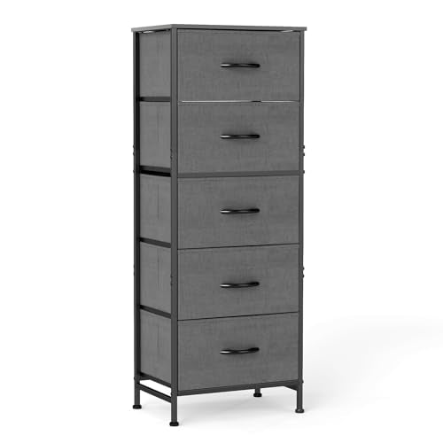 DUMOS Nightstand with 5 Drawers Bedside Table with Removable Fabric Bins Sturdy Steel Frame Wood Top Organizer Furniture for Bedroom Closet Living Room, Grey - color: Grey, size: 15.69"W x 11.8"D x 47.7"H(5 Drawers)