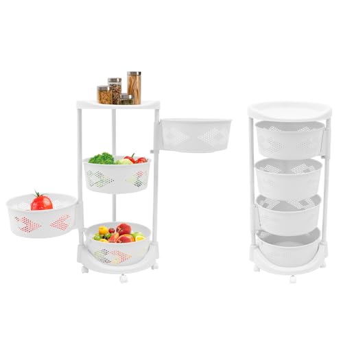 Multi-Layer Vegetable Rotating Basket Rack, Fruit Snack Storage Kitchen Organizer, White Storage Cart, Fruit Basket for Kitchen with 5 Lockable Casters, Vegetable Rack (4 Tiers) - size: 4 Tiers