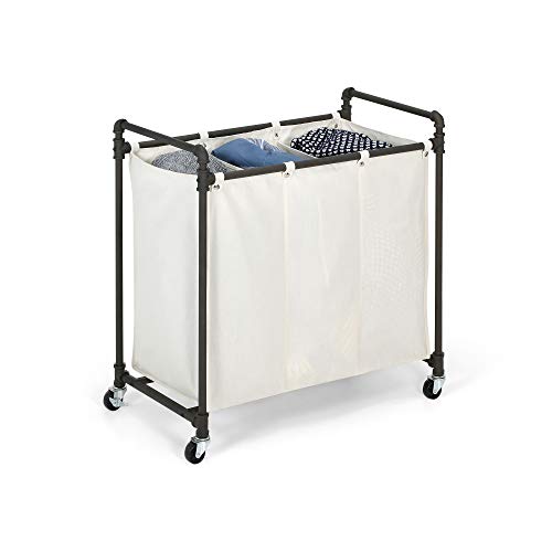 028-28003 Modern Industrial Style 3 Section Laundry Sorter, 33.24” W x 17.10” D x 30.50”H, Satin Pewter