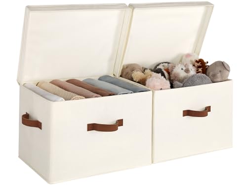 StorageWorks Fabric Storage Bins with Lid, Decorative Storage Boxes for Shelves, Stackable Closet Organizer Basket with Handles, Jumbo, Ivory White, 2-Pack - color: Ivory White, size: Jumbo