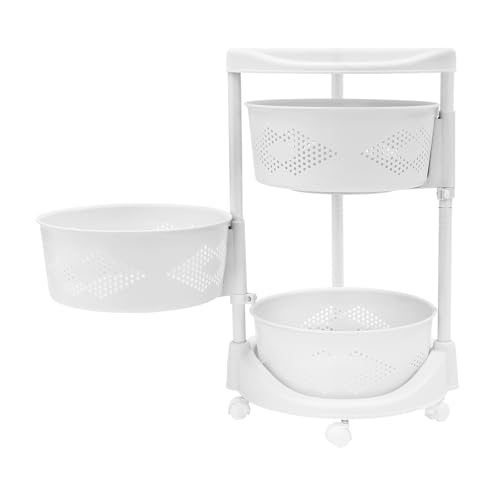 Fruit Basket for Kitchen, 5 Tier Circular Rotating Basket Large Storage Rack with Wheels, Standing Shelf Storage, Multi-Layer Storage Shelves with Top Lid for Living Room, Office, White (3-Tier) - size: 3-Tier