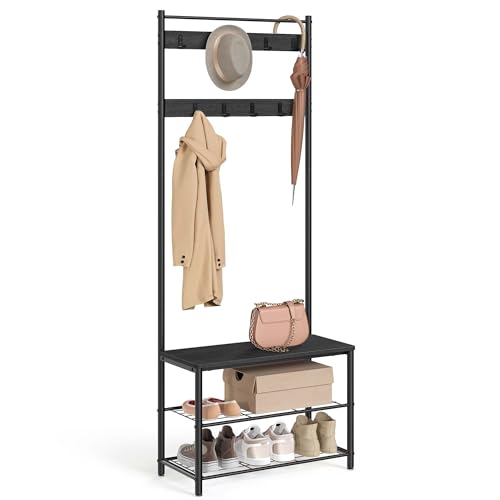VASAGLE Coat Rack, Hall Tree with Shoe Storage Bench, Entryway Bench with Shoe Storage, 3-in-1, Steel Frame, for Entryway, 12.6 x 27.6 x 68.9 Inches, Industrial, Charcoal Gray UHSR041B01 - color: Charcoal Gray, size: 27.6"W