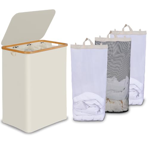 efluky Laundry Hamper with Lid, Trio Laundry Hamper with 3 Removable Bags, 3 Section Laundry Basket with Bamboo Handles for Bathroom, Bedroom & Laundry Room, 160L Beige - color: Beige, size: 160L Trio