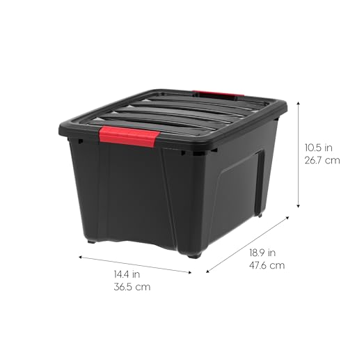 IRIS USA 32 Qt Stackable Plastic Storage Bins with Lids, 6 Pack - BPA-Free, Made in USA - Garage Organizing Solution, Latches, Durable Nestable Containers, Secure Pull Handle - Black - size: 32 Qt, style: 6 Pack