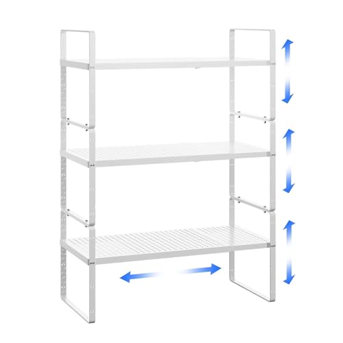 Expandable Cabinet Shelf Organizer Adjustable Metal Spice Rack Stackable Freestanding Counter Storage Shelves for Kitchen Cabinet Under Sink Office Desk (White - 3Pack - L16.5-27'' * W10.2'' * H9.6'') - color: White - 3pack - L16.5-27'' * W10.2'' * H9.6''