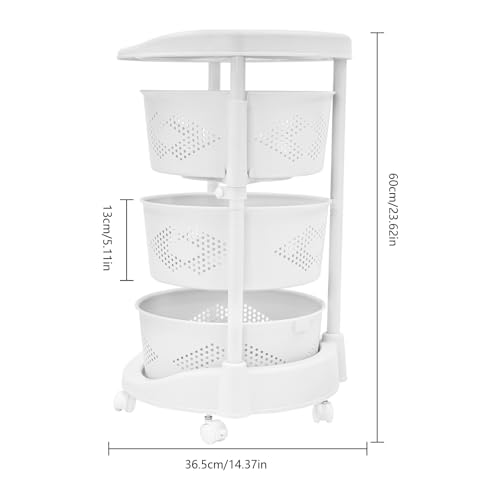 Fruit Basket for Kitchen, 5 Tier Circular Rotating Basket Large Storage Rack with Wheels, Standing Shelf Storage, Multi-Layer Storage Shelves with Top Lid for Living Room, Office, White (3-Tier) - size: 3-Tier