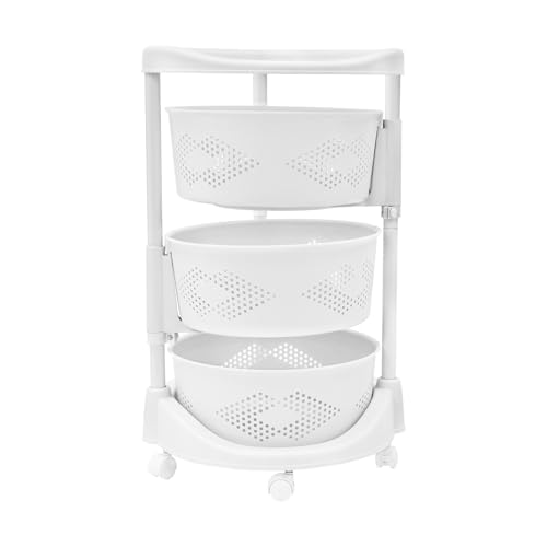 Fruit Basket for Kitchen, 5 Tier Circular Rotating Basket Large Storage Rack with Wheels, Standing Shelf Storage, Multi-Layer Storage Shelves with Top Lid for Living Room, Office, White (3-Tier) - size: 3-Tier