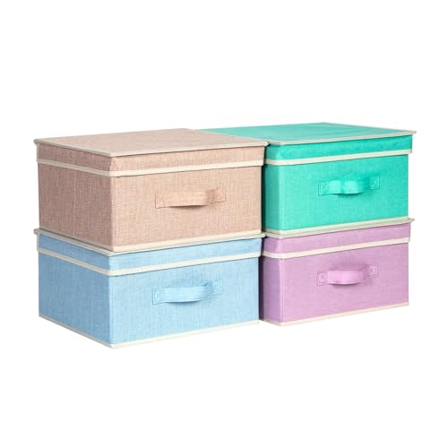 Storage Bins with Lid, Foldable Clothing Storage Box case with Handle for Closet, Bedroom, Home, 4 Color Set B, 13L x 12.5W x 7H inch - color: 4 Color Set B, size: 13L x 12.5W x 7H inch