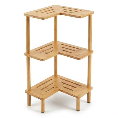 Bamboo Corner Shower Caddy Stand 3-Tier, Standing Shower Organizer with Anti-Slip Feet, Waterproof & Durable Bathroom Shower Shelf, Space-Saving Design Storage for Kitchen or Living Room