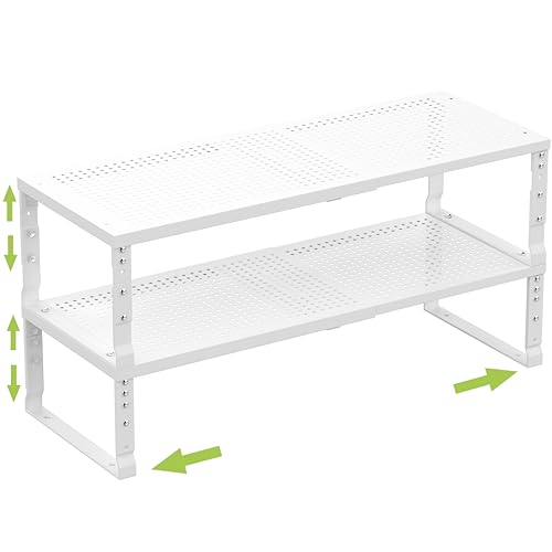Jojocross Expandable Cabinet Shelf Organizer Storage Spice Rack Shelves for Kitchen Stackable Adjustable Pantry Cupboard Bathroom Countertop Desktop(2Packs/White/Medium-with Hole) - color: 2 Packs/White With Hole, size: MEDIUM:7.88"D x 16.6~26.5"W x 6.1"/