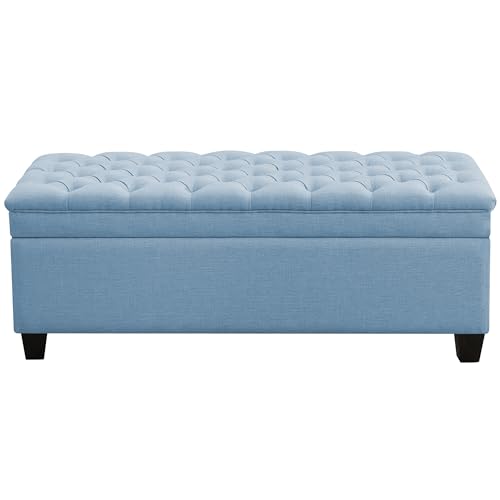 WUTUTUEE 51" Fabric Storage Ottoman Bench, Upholstered Rectangle End of Bed Storage Ottoman Tufted Living Room Bedroom Bench with Safety Hinge, Solid Wood Legs, Loads 500 lb(Light Blue) - color: Light Blue-fabric